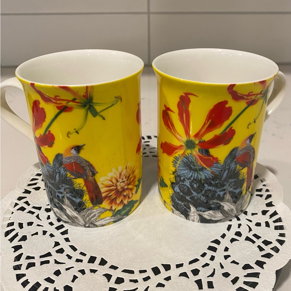 STECHCOL BONE CHINA SET OF 2 COFFEE/TEA BIRD & FLORL MUGS.